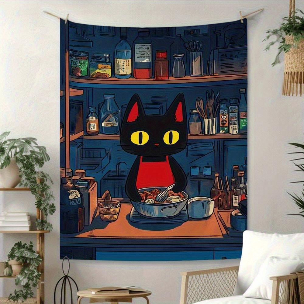Cartoon Black Cat Kitchen Digital printing polyester wall tapestry suitable for use in living rooms bedrooms offices bars party