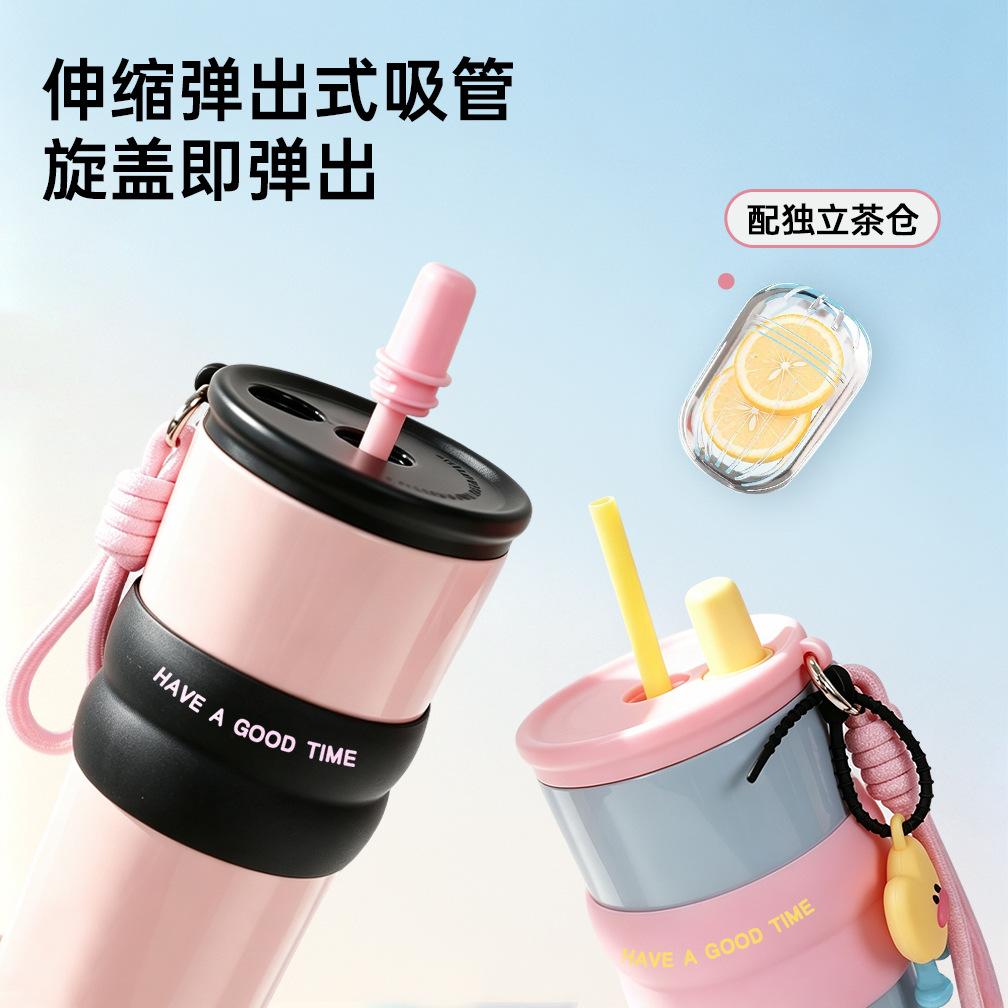 Water bottle girls solid color large capacity thermos cup straw water cup thermal insulation and cold insulation explosive cup