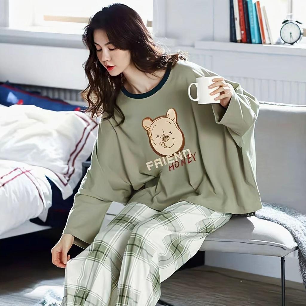 2PCS/Set Large Size Women Pyjamas Plaid Can Be Worn Outside Homewear Girl Long-Sleeved Sleepwear Casual Breathable
