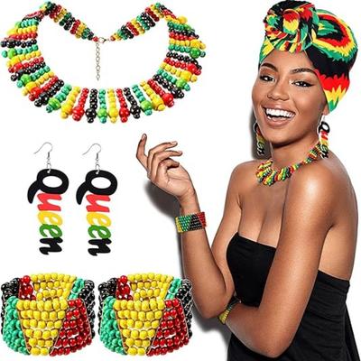 Multicolor Jamaican Necklace Earrings Set String Collar Charm  Kids Women Party Costume Accessories