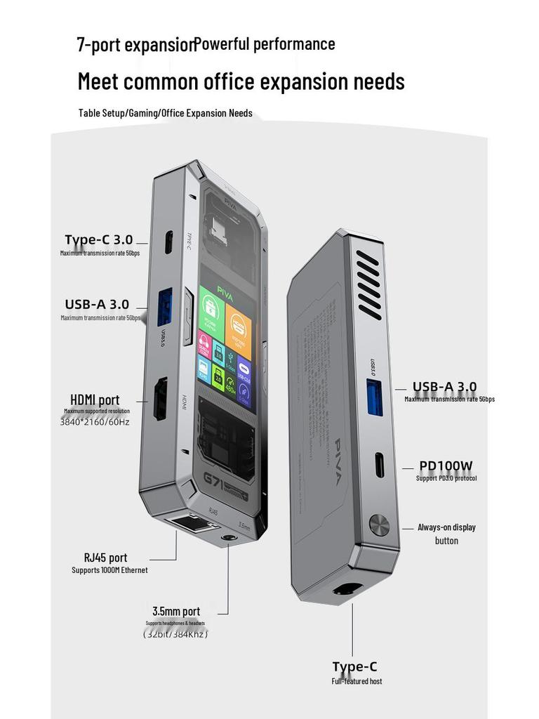 עמדת עגינה חכמה Piva G71 Type-C: HDMI 4K60Hz, Ethernet Gigabit, מפצל מהירות גבוהה