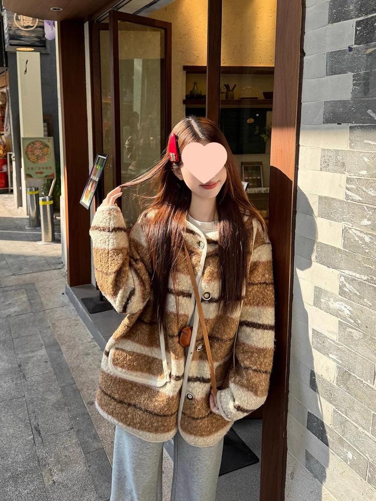 Women’s Korean Retro Striped Hooded Faux Lambswool Coat - Winter Loose Fit Cardigan with Long Sleeves