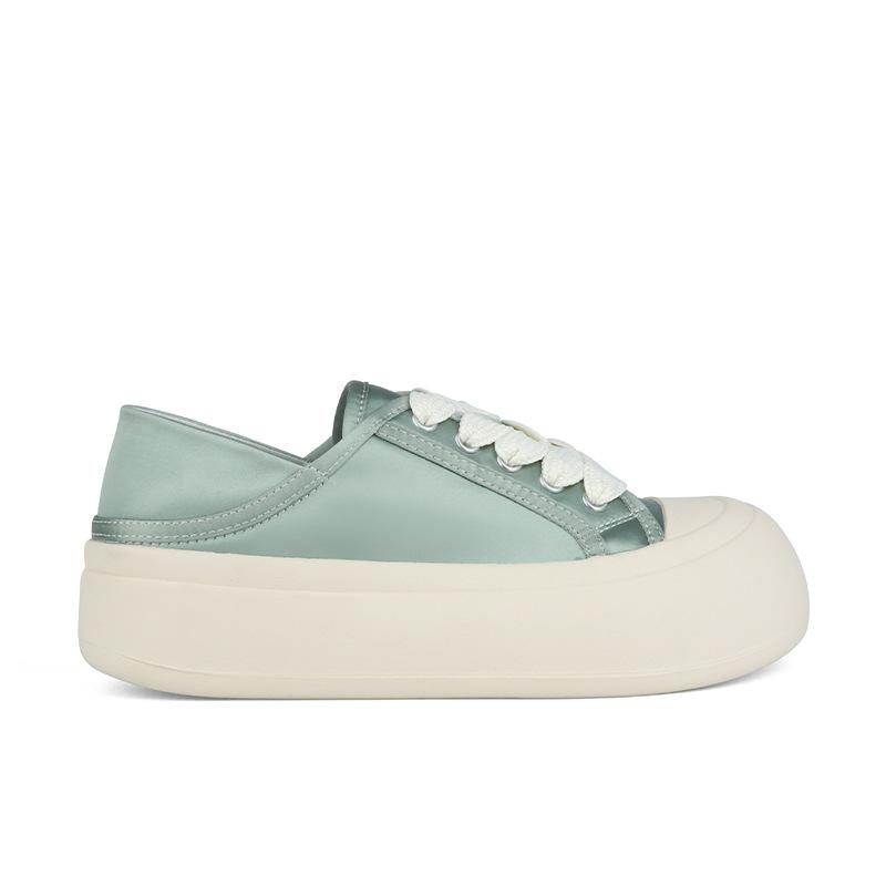 

[+ LY] Sakura Street~ Round Head Silk Satin Thick-soled Lace-up Casual Shoes Women s Board Shoes 35 мятный зеленый
