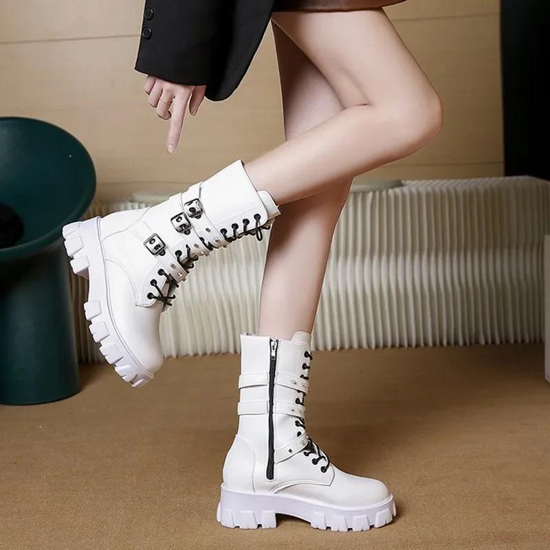 Fashion Punk Women Boots Zipper Motorcycle Boots Mid-Calf Boot 2025 Autumn Winter Women Biker Boots Platform Heel Ladies Shoes New Botas