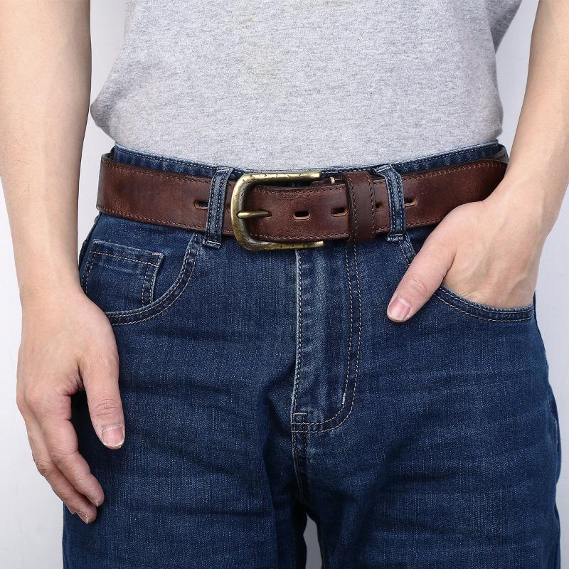 Men's Belt First Layer Cowhide Thickened Copper Buckle Vegetable Tanned Leather Washed Retro Belt