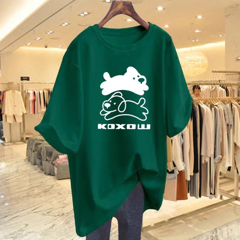 Women's Summer White Cartoon Print Cotton T-Shirt, Loose Fit, Mid-Length, Short Sleeve