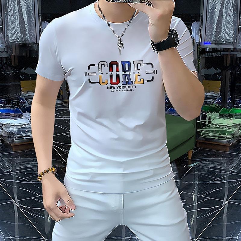 Mens Fitted Short Sleeve Round Neck Rhinestone Geometric Casual Summer T Shirt M белый