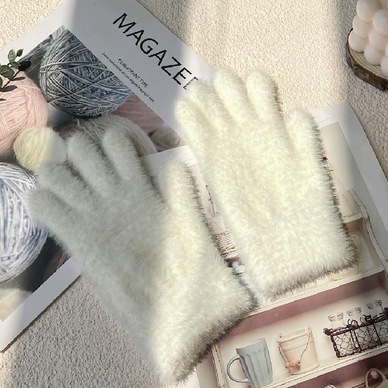 Winter Imitation Mink Velvet Five Finger Gloves Warm Cold-Proof Gloves Women Outdoors Cycling Solid Color Mittens