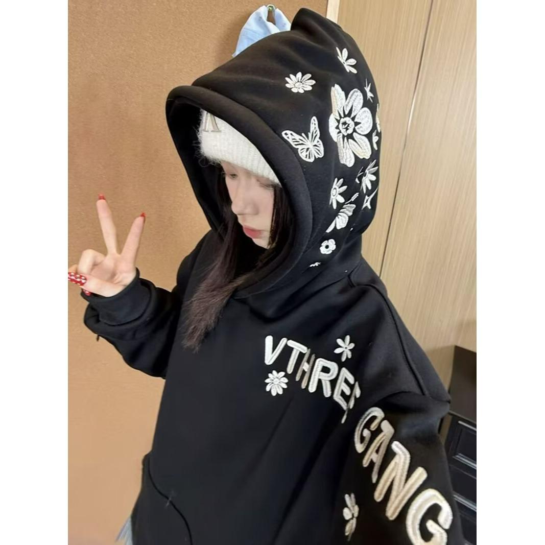 

Unisex Floral Embroidered Hooded Sweatshirt - High-End Niche Fashion L чорний
