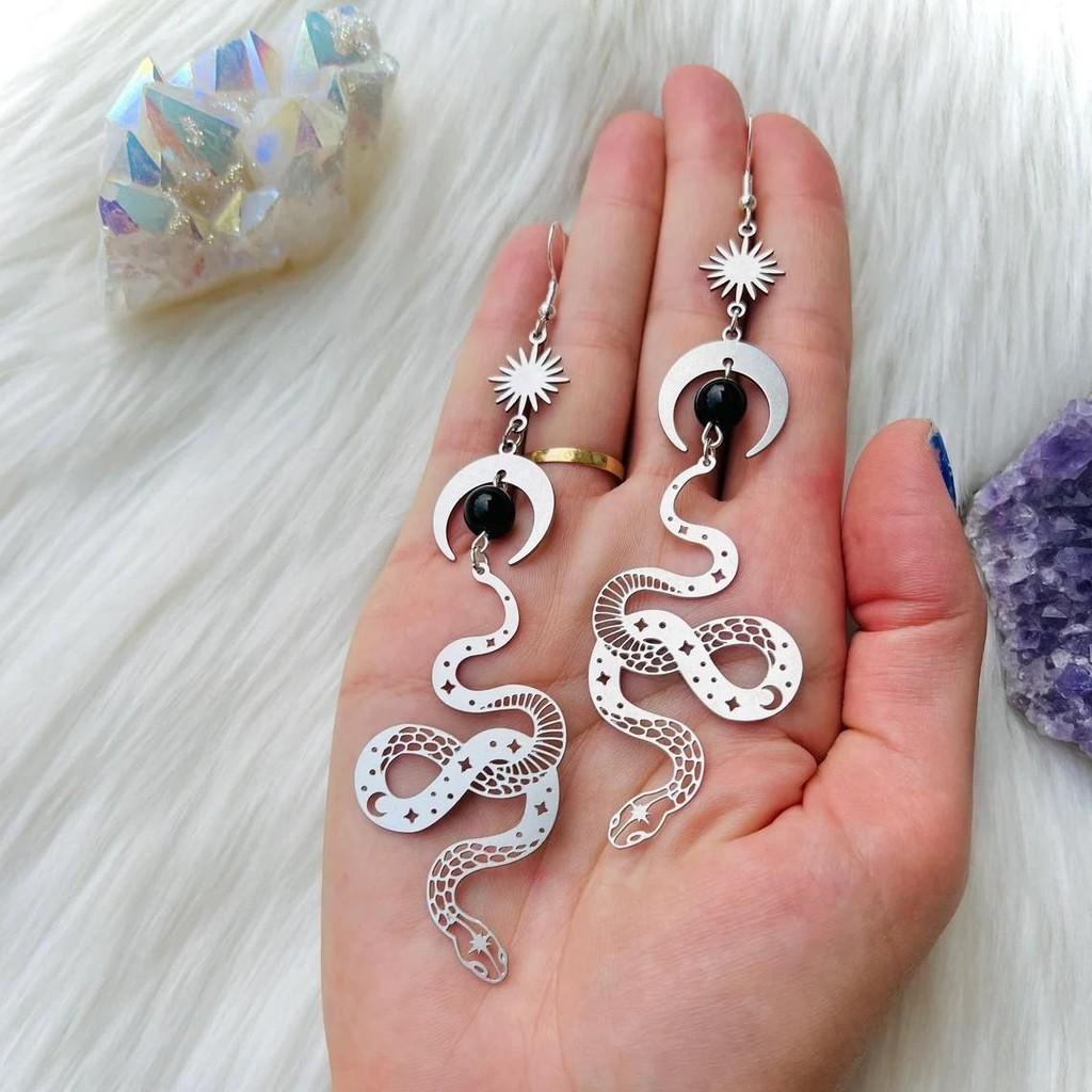 Silver Snake Moon Earrings With Black Jade Crystal For Fashion Women And Men