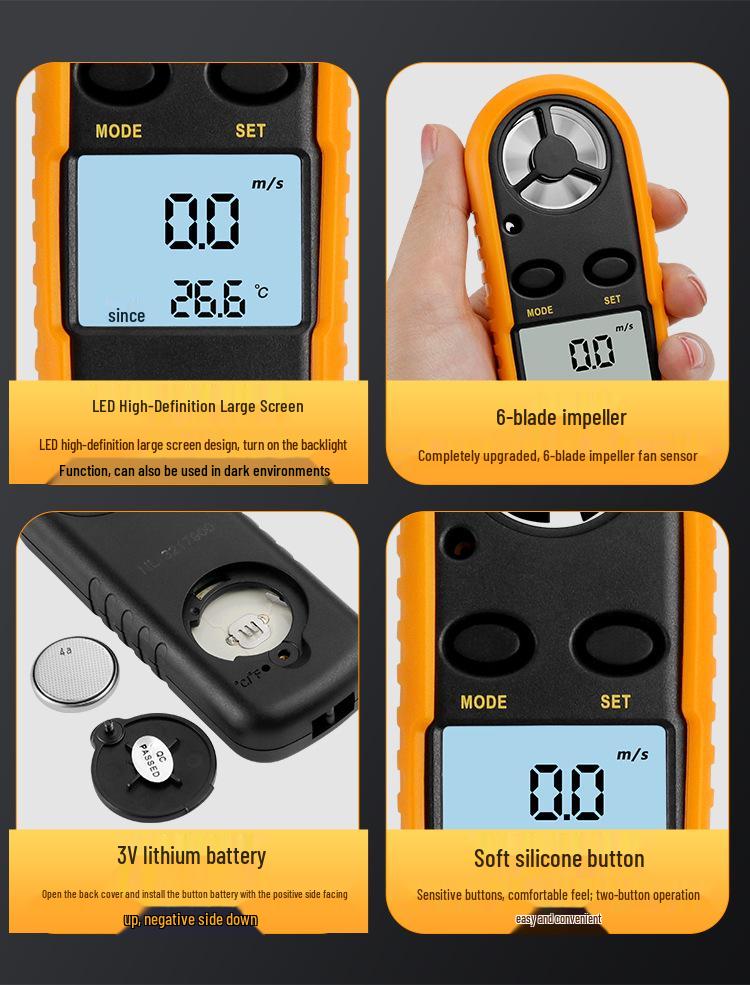 Pocket Digital Anemometer: Measures Wind Speed (0-30m/s) and Temperature, with Display.
