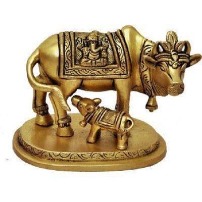 New Brass Holy Kamdhenu Cow and Calf Sculpture, Standard, Pack of 1