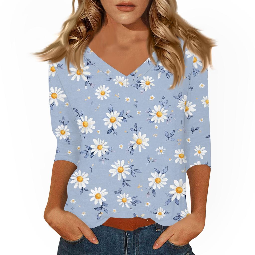 Women's Tops Three-quarter Sleeve Shirt V-neck Loose Casual Shirt Print T-shirt
