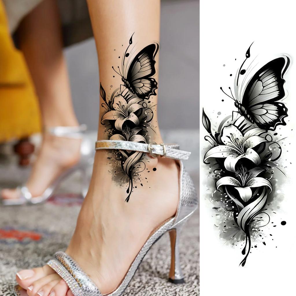 1 Sheet Colorful 3D Rose Flower Butterfly Temporary Tattoos For Women Adults Hand Foot, Waterproof Realistic Fake Tattoo Sticker