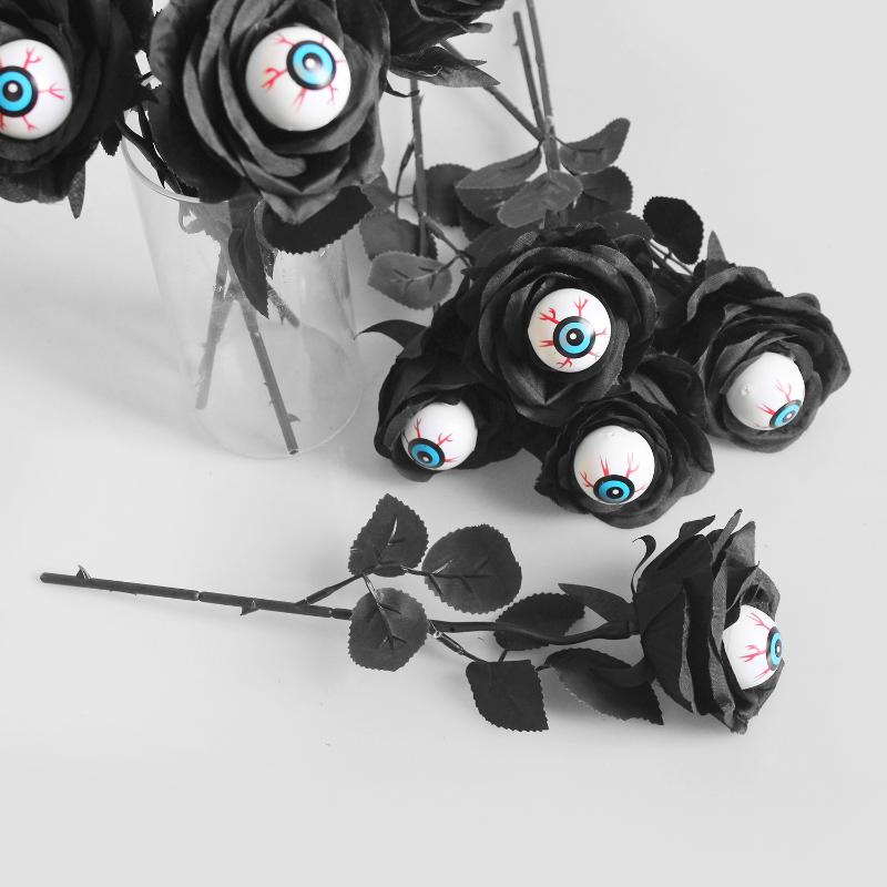 Halloween Eyeball Rose Black Fake Flower Single Stem With Eyeballs Ghost Festival Scary Party Decor Role Play Photobooth Props