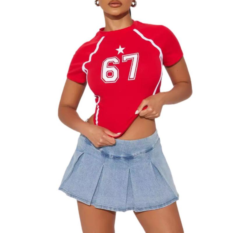 Europeisk og amerikansk dame rund hals bokstavtrykket slim fit sexy magebluse