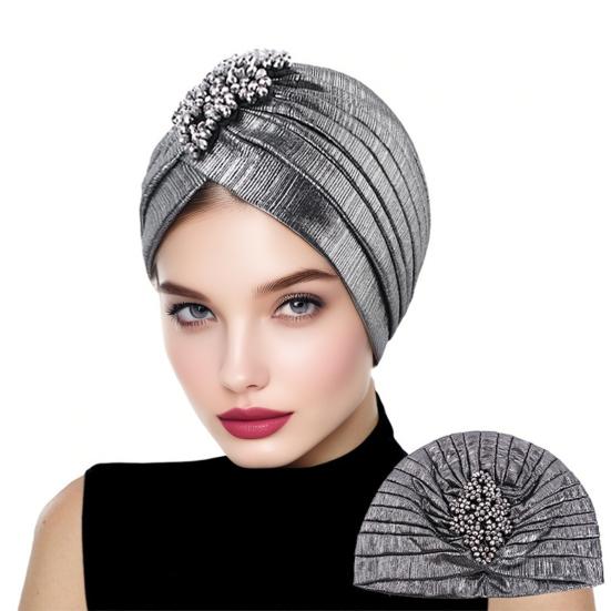 Damer Topphatt Rombus Rhinestones Dekor Plissert Turbanhatt Gullbelagt Pyntet Hatt Elastisk Design Hodeplagg