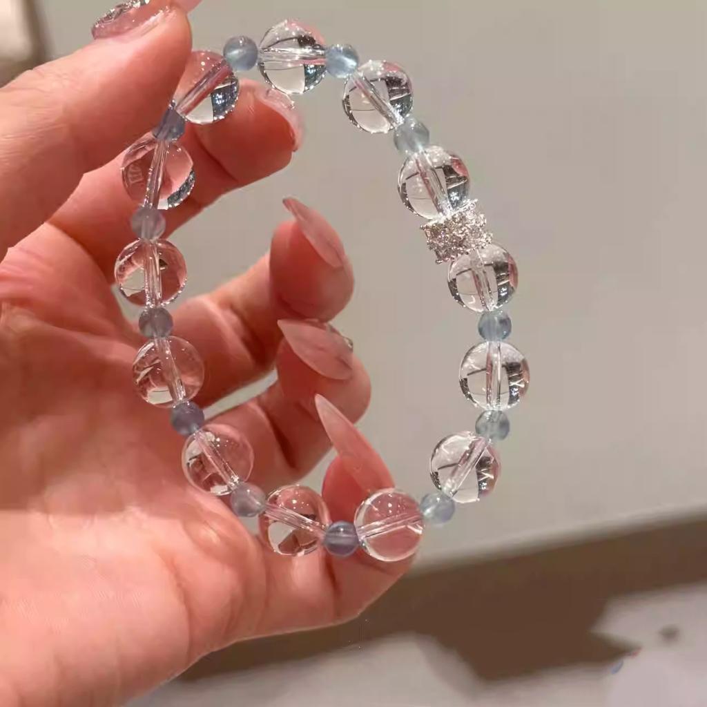 Natural Brazilian aquamarine and white crystal original design bracelet for women, a birthday gift for a best friend