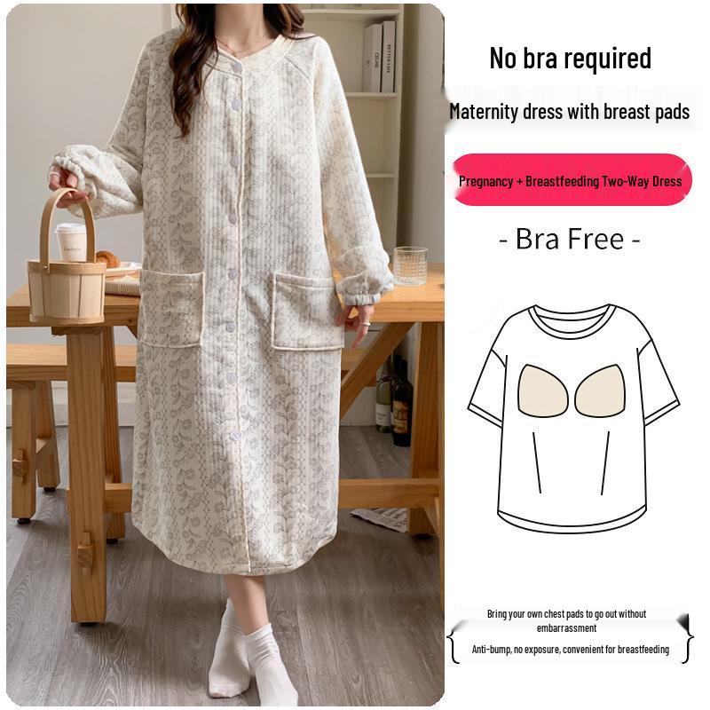 Autumn/Winter Postpartum Nursing Nightgown: Thick Air Cotton Maternity Pajamas for Spring and Autumn