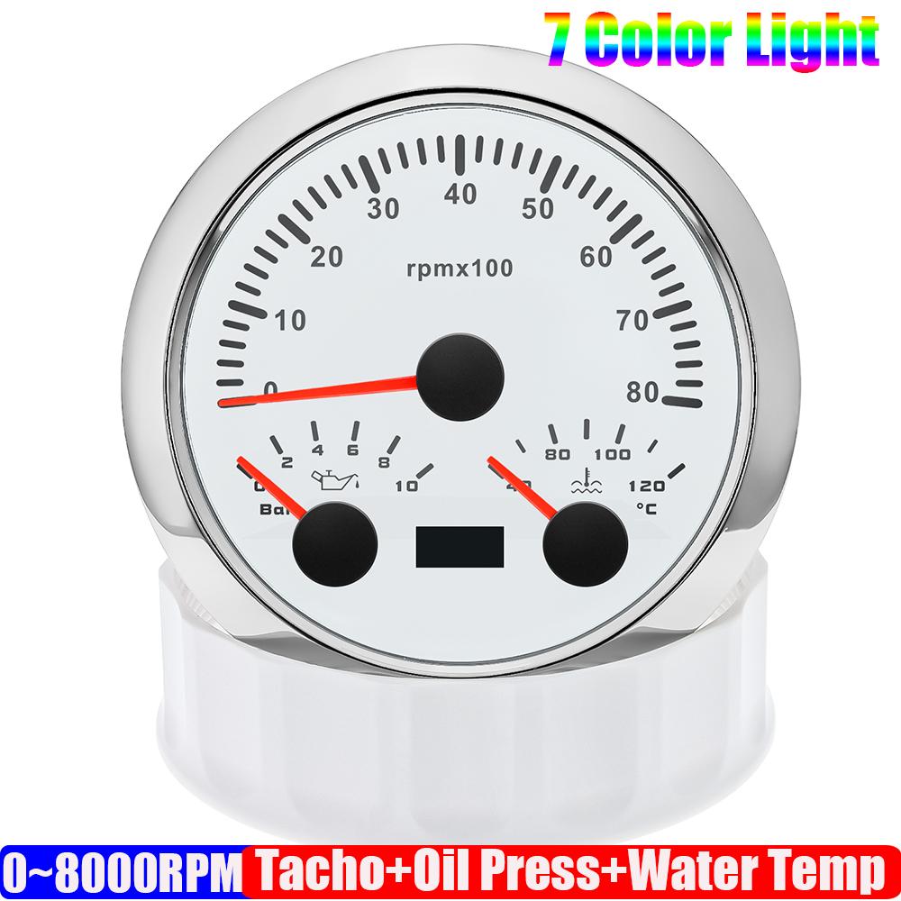 

ZMFJH Auto Boat 85MM Tachometer+Oil Pressure+Water Temperature Gauge 7 Color Light 3000-8000RPM Multifunctional Gauge Waterproof 8000RPM WS