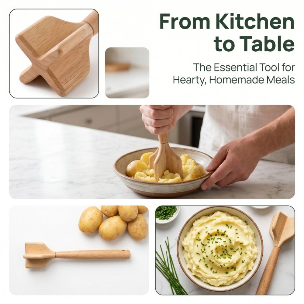 Natural Wood Wooden Ground Beef Masher Durable Potato Crusher Non-Scratch Meat Grinder Cooking