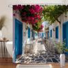 Waterproof Shower Curtain with a Charming Mediterranean Street Scene Featuring Blue Doors and Vibrant Pink Flowers