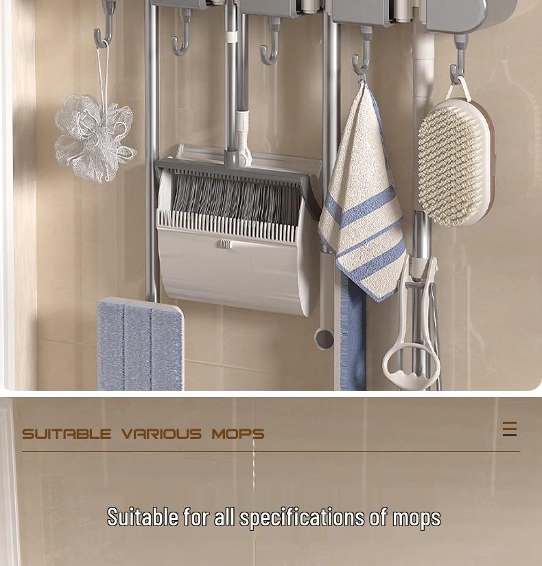 Wieszak ścienny na miotłę i mop: Rozwiązanie do zawieszania bez wiercenia na drzwiach łazienkowych lub toaletowych.