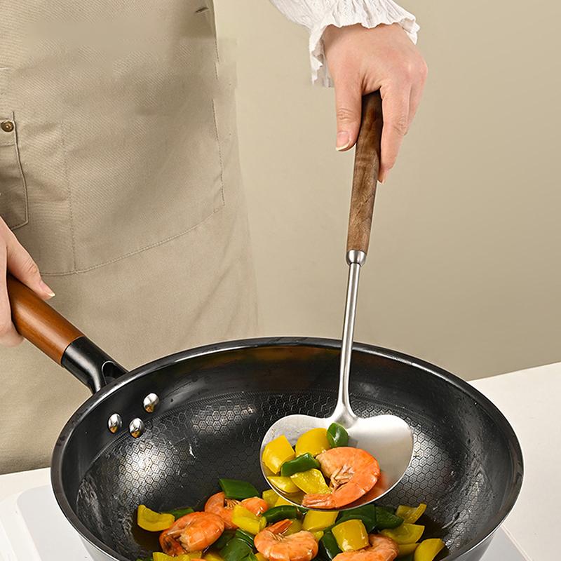 Nerezová špachtle Houbová lopatka s dřevěnou rukojetí Prodloužená vařečka Proti opaření Varná lopatka Kuchyňské náčiní
