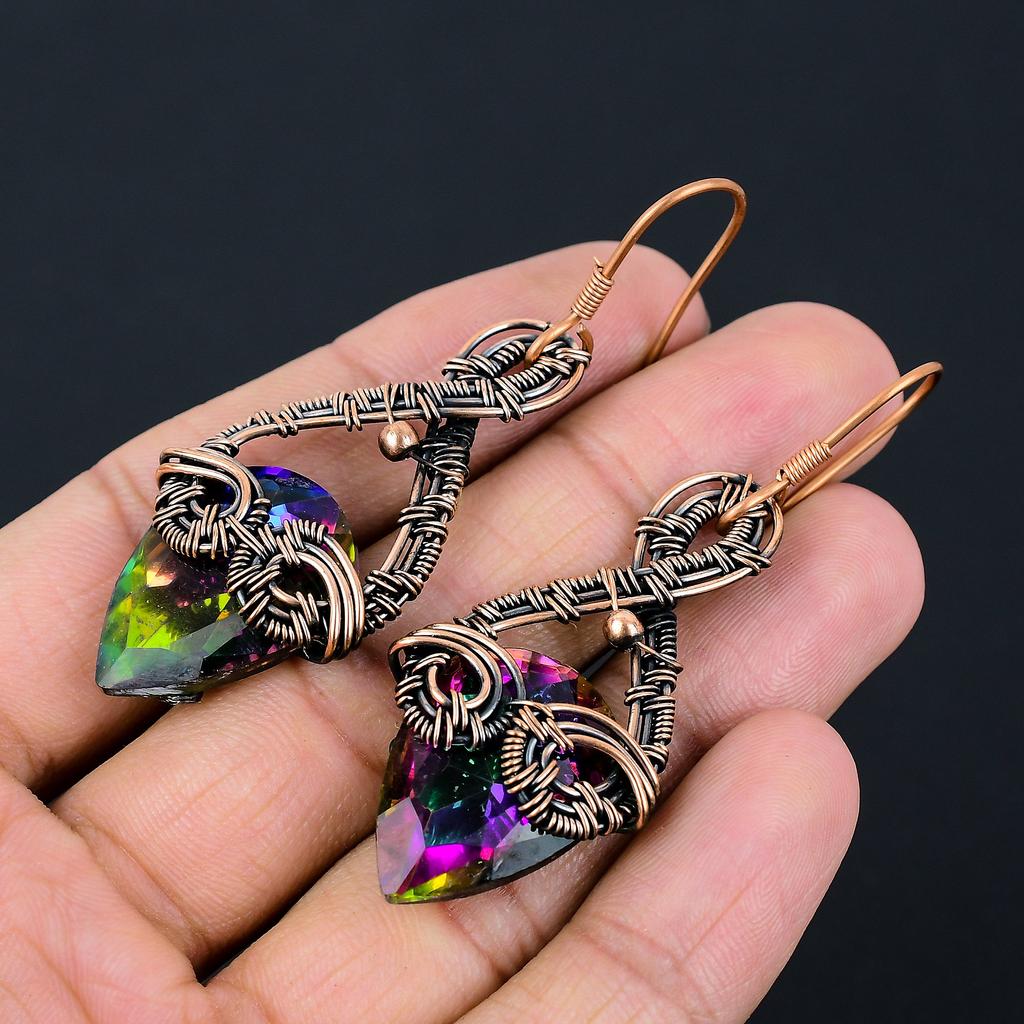 Natural Mystic Topaz Gemstone Handmade Copper Wire Wrap Earring 2.68 i7T98