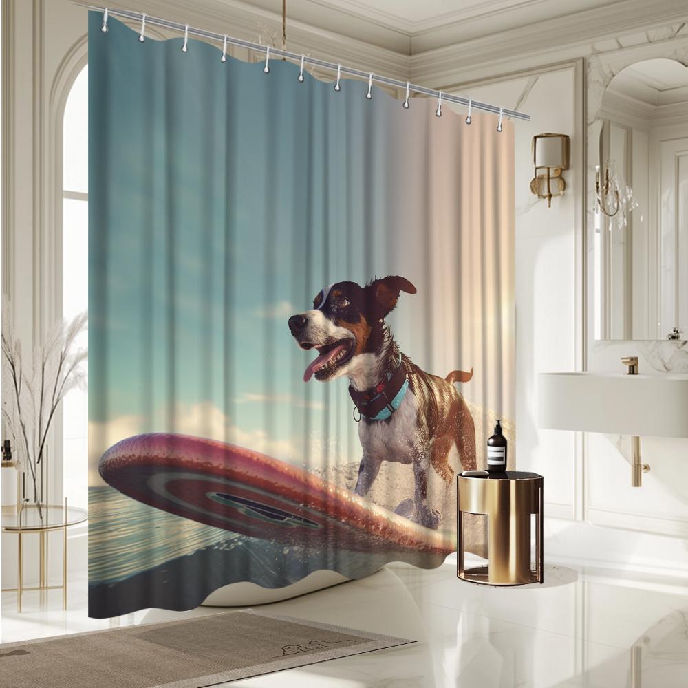 Surfing Dog Shower Curtain - Playful Canine On Surfboard, Durable Fade-Resistant Polyester, Ideal For Bathroom & Bathtub Decor