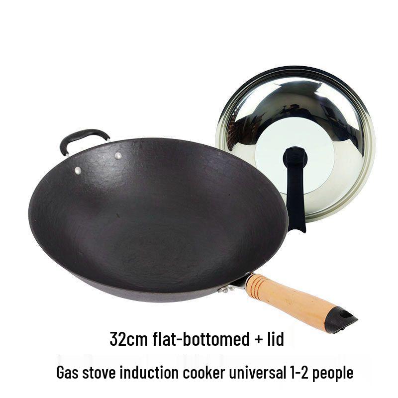 Vintage Uncoated Cast Iron Flat-Bottom Non-Stick Wok, Compatible with Induction & Gas Stoves, Ideal for Rural Household Stir-Fry.