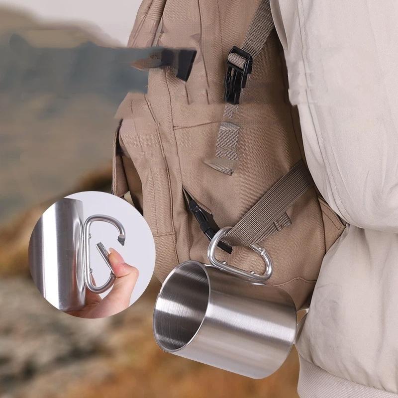 Stainless Steel Mountaineering Water Cup Button Coffee Camping Mug With Carabiner Handle Climbing Hiking Backpacking Travel Cups