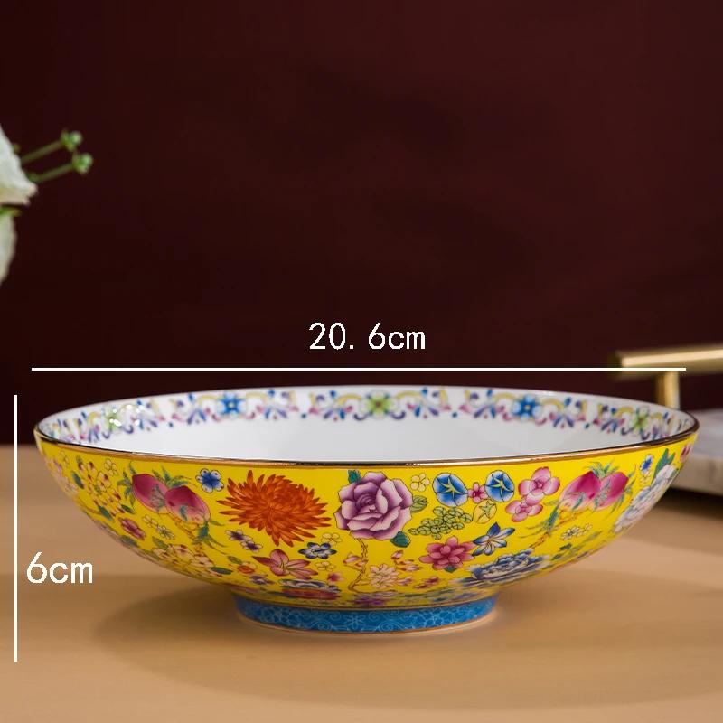 Gold Stroke 8 Inches Large Soup Bowls Salad Bowl Ceramic Plate Palace Style Restaurant Home Ten Thousand Flower Enamel Tableware
