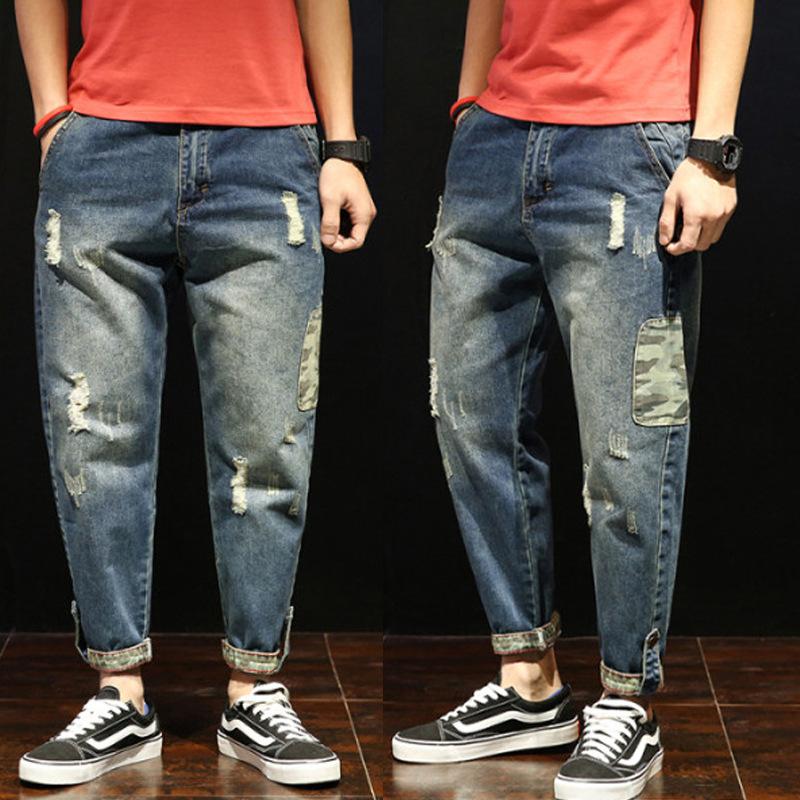 

Летние джинсы с рваными дырками, мужские свободные повседневные брюки, мужские тонкие брюки, прямые брюки, брюки Харлан 34