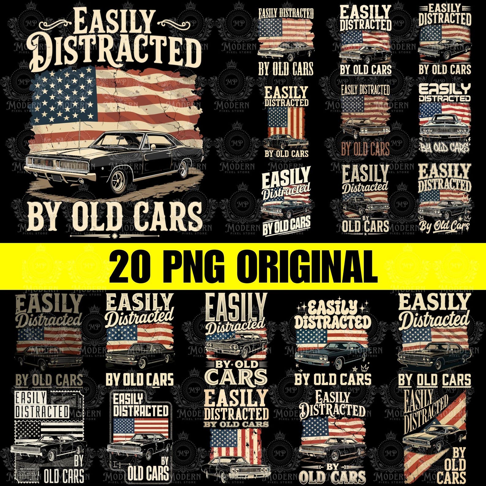 20 Easily Distracted by Old Cars Classic Car Guy Funny Vintage T-Shirt PNG 2XL