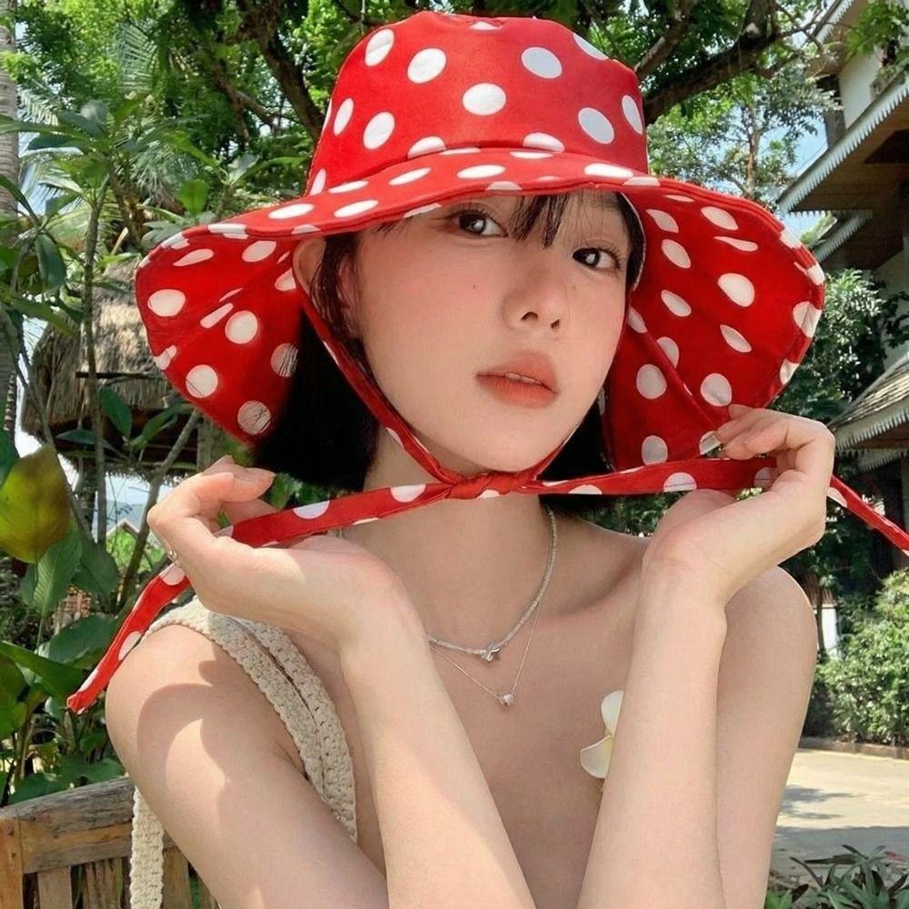Polka Dot Ribbon Women Fisherman Hat Red Bucket Hat Casual Sunscreen Visor Cap Hiking