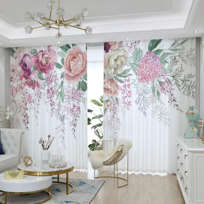3D Rosa Blume Vorhang Grüne Pflanze Pastoral Dekor Transparenter Sichtschutzvorhang Wohnzimmer Schlafzimmer Bodenlanges Fenster Voile Vorhang