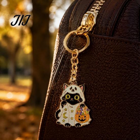 Handbags Key Chain Halloween Cartoon Black Cat Keychain, Glow-in-the-Dark Ghost Costume Decorative Zinc Alloy Pendant Keyring, Enamel Kitten Backpacks