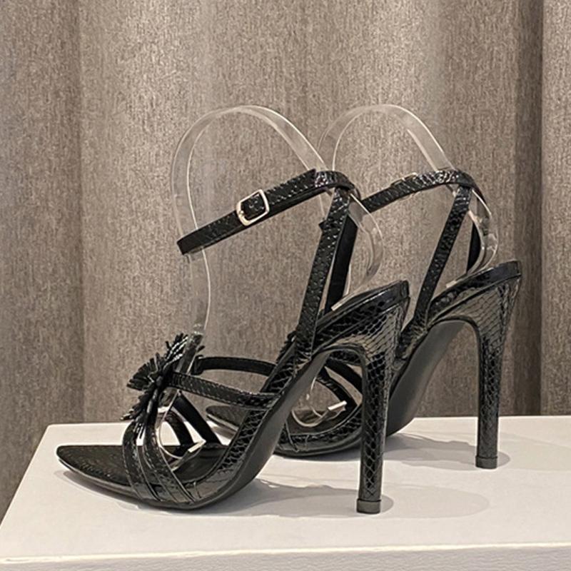 Sexy Snake Print Leather Ankle Strap Sandals Women Summer Fashion Crystal Flower Pointed Toe Party Dress Shoes High Heels