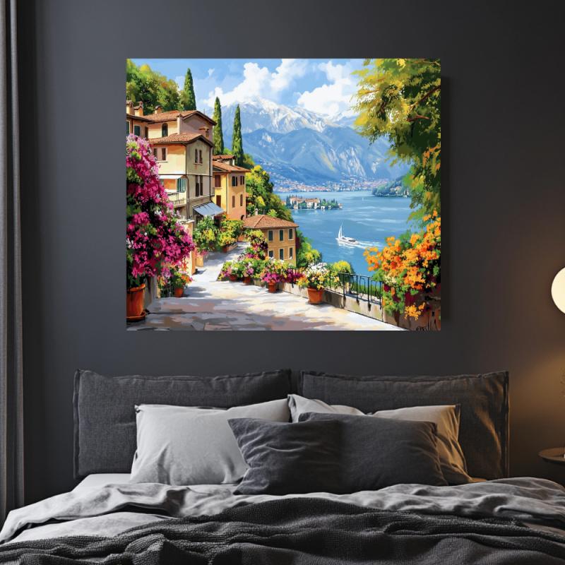 Italian Lake Como Scenery Tapestry Oil Painting Style Wall Hanging Polyester Aesthetic Decor for Bedroom Living Room Dorm