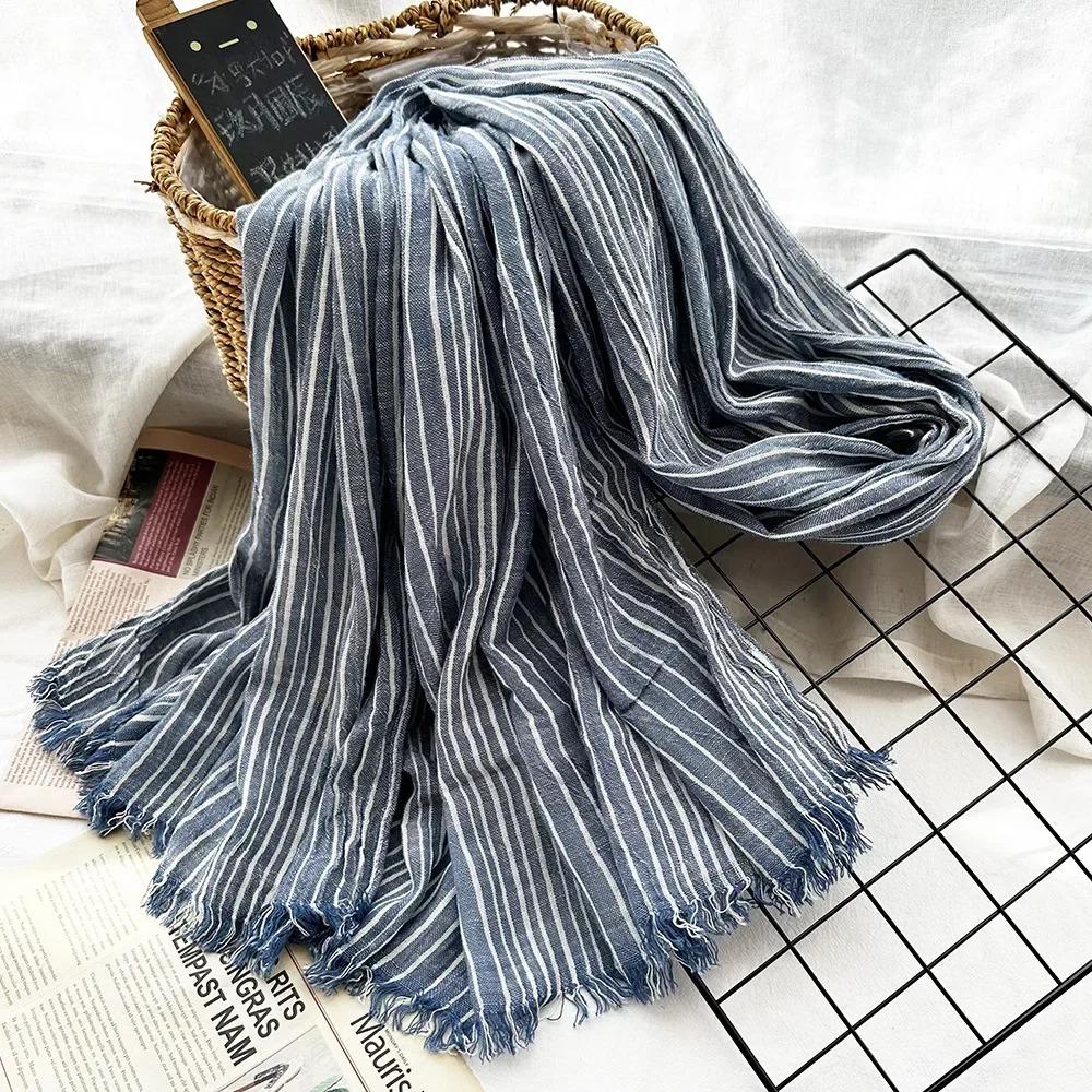 New 190*80cm Artistic Style Striped Cotton Linen Scarf Shawl Men's and Women's Same Style Mori Foulard En Mousseline Scarves