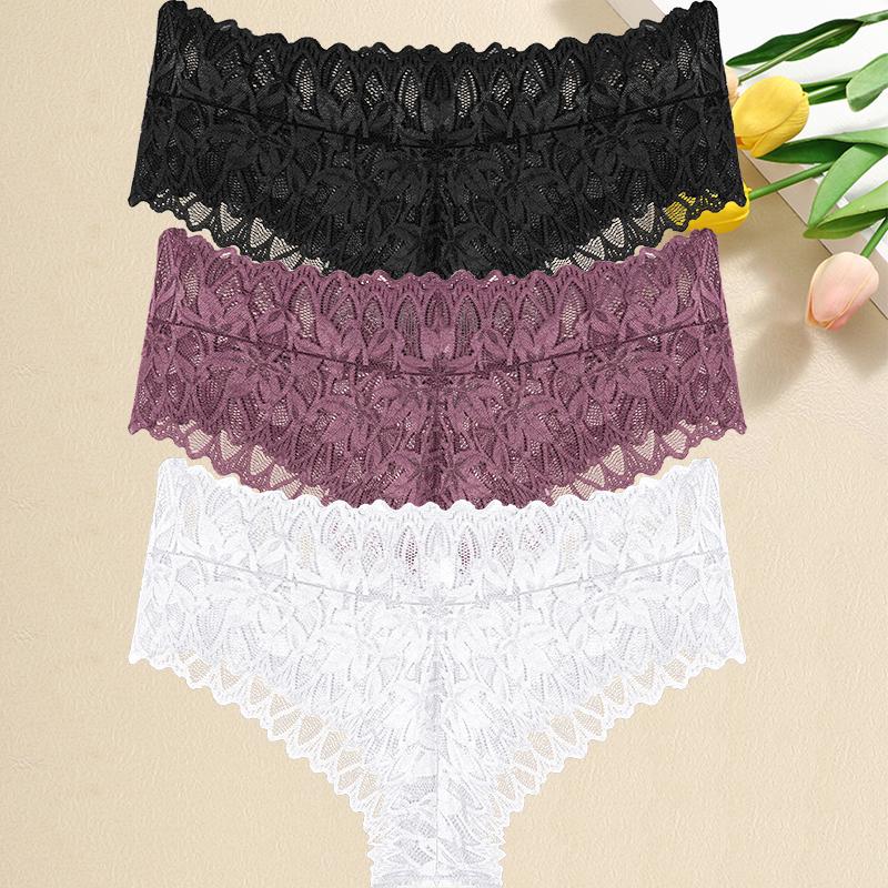 3PCS/Set Women Floral Lace Panties Sexy Perspective G-String High Waist Underpants Female Breathable Intimates Lingerie