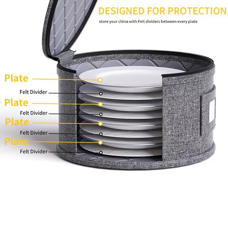 Round Dinner Plate Storage Box with Lid - Dustproof Fabric Bin with Needle-Punched Cotton