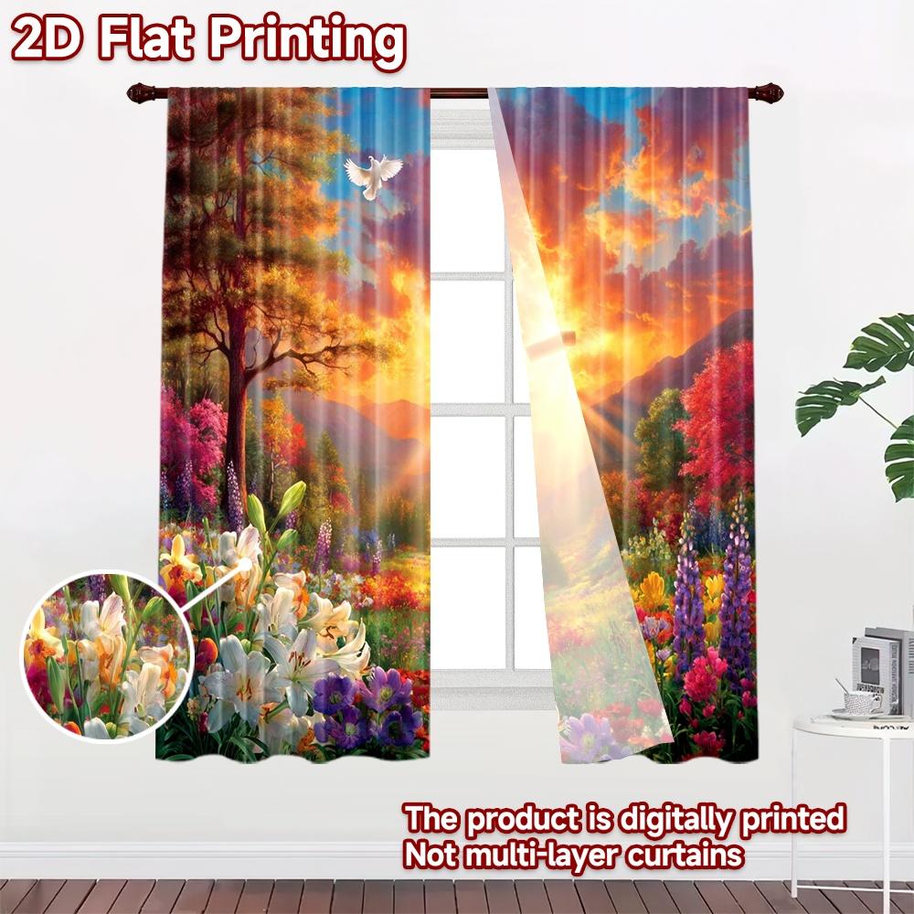 2D flat printing 2pcs Window Drapes Easter Lily Cross Dove Sunrise Digital Printed Polyester Drapes Holiday Decorations for New