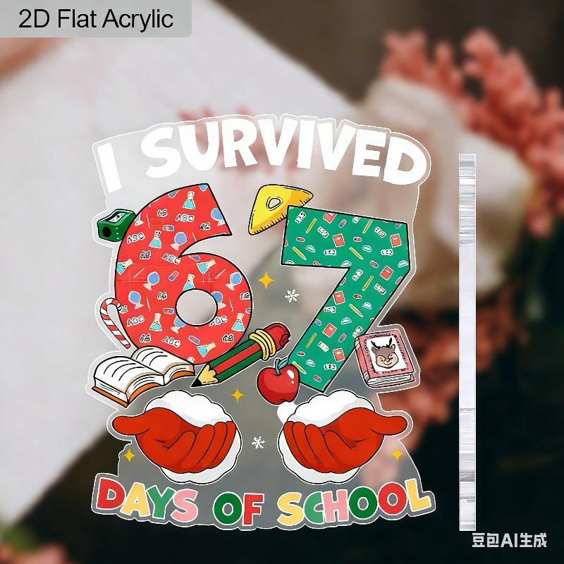 2D Flat "I Survived 67 Days of School" Acrylic Decoration Sign, Christmas Gift, Suitable for wall decoration, porch, room, villa, accents Home, Hallwa