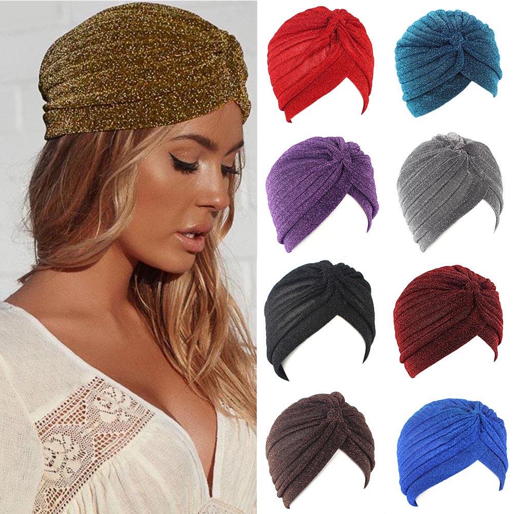Women Shiny Silver Gold Knotted Turban Hat Muslim Indian Hijab Turban Female Muslim Hat Double Layer Headwrap Hair Accessories