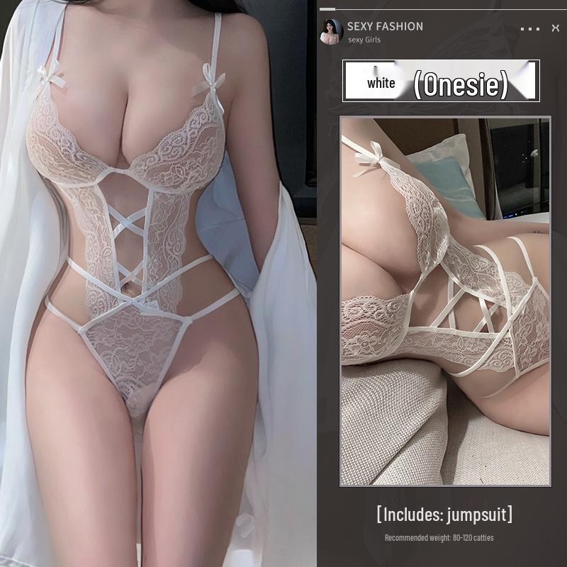 Seductive Lace Bodysuit & Nightgown Set: Tempting Hollow Design