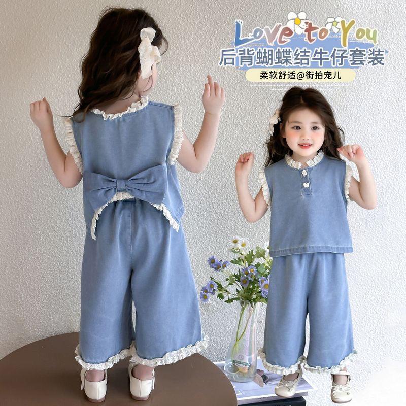 Girls' Denim Summer Set Children's Fashionable and Fashionable Baby Pleated Vest Wide Leg Pants Two-piece Set