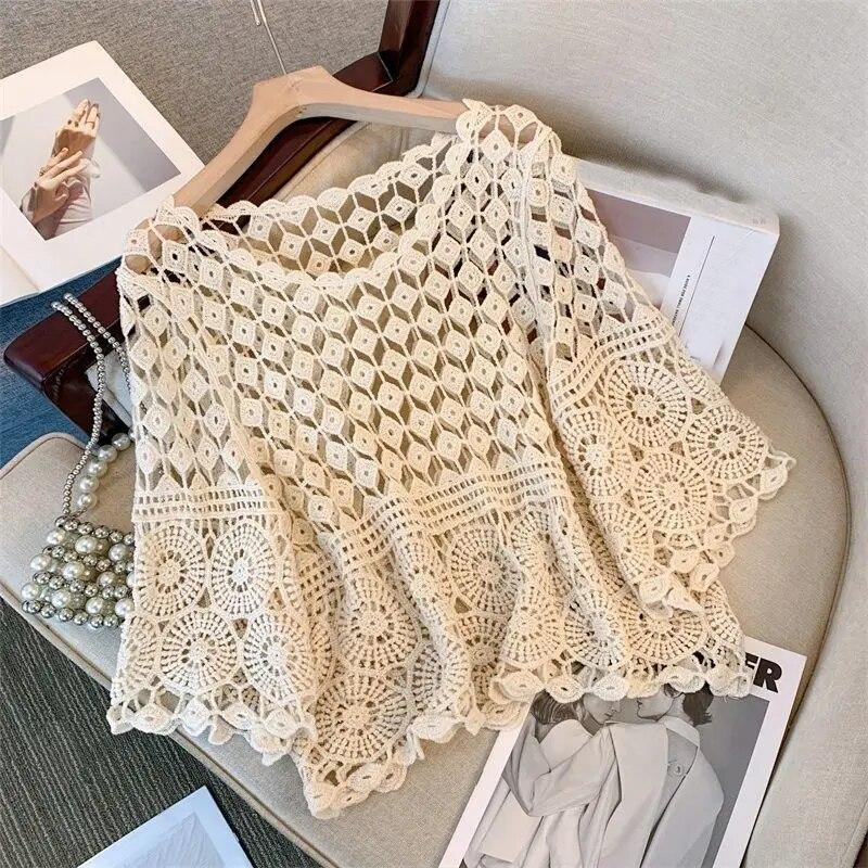 thumbnail image 2 of Women's Crochet Summer Tops - Short Sleeve Hollow Out Sweater Beach Coverup 2 of 11