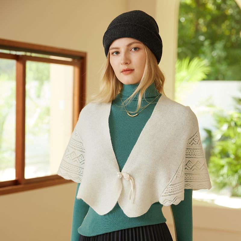 Women s 100% Pure Cashmere Shawl with Frog Button - New Chinese Style, Hollow Knit for Spring and Autumn One Size